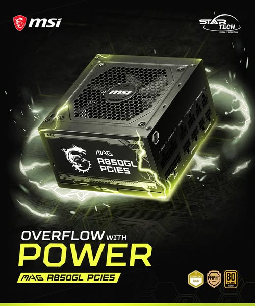 80 Plus Gold Efficiency | PCIe5 Ready | Full Modular Design — MSI MAG A850GL PCIE5 850W Power Supply