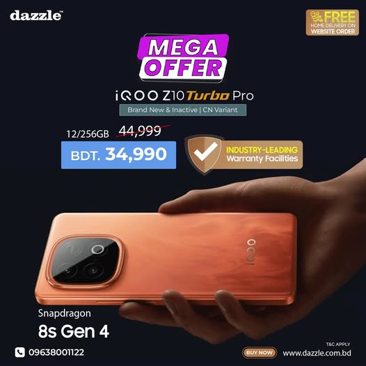 𝗦𝗻𝗮𝗽𝗱𝗿𝗮𝗴𝗼𝗻 𝟴𝘀 𝗚𝗲𝗻 𝟰 চিপসেটের শক্তিশালী iQOO Z10 Turbo Pro এখন দেশের সবচেয়ে সেরা দামে পাচ্ছেন শুধুমাত্র Dazzle এ 