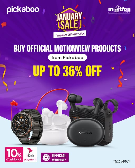 Pickaboo-চলছে  JANUARY SALE -যেখানে সর্বোচ্চ ৩৬%  ডিসকাউন্ট ও সেরা সব ডিলসে পার্চেইজ করুন মোশন ভিউ- এর অফিশিয়াল গ্যাজেট! 