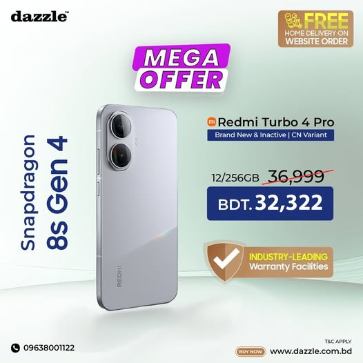 𝗦𝗻𝗮𝗽𝗱𝗿𝗮𝗴𝗼𝗻 𝟴𝘀 𝗚𝗲𝗻 𝟰 প্রসেসরের Redmi Turbo 4 Pro এখন মেগা অফারে দেশের সবচেয়ে বেস্ট ডিলে পাচ্ছেন শুধুমাত্র Dazzle এ 