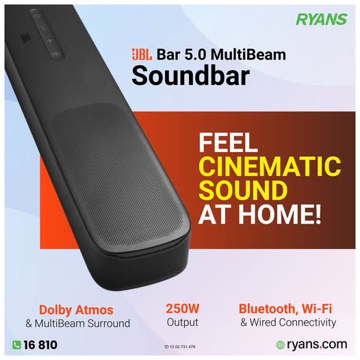 Feel every scene with theater-quality audio! JBL Bar 5.0 MultiBeam Soundbar makes your room feel like a cinema. No extra speakers or wires needed!