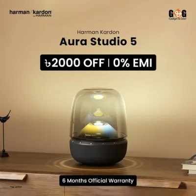 Add a quiet sense of luxury to your space with the Harman Kardon Aura Studio 5. Get Tk. 2,000 off or enjoy 0% EMI for up to 12 months.