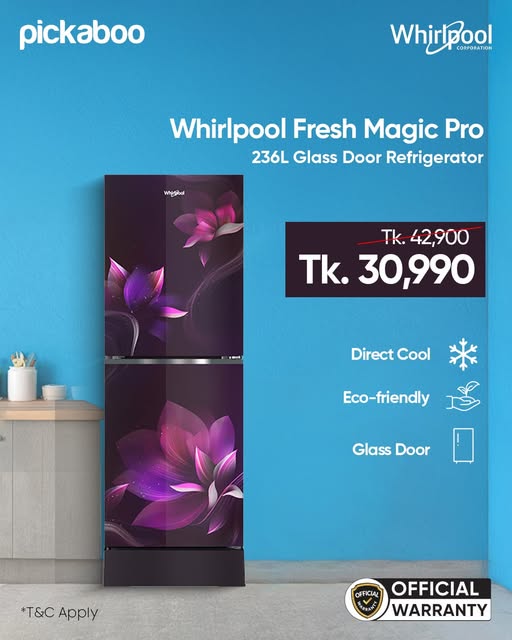 Whirlpool Fresh Magic Pro 236L Glass Door Floral X Frost Refrigerator—designed for modern homes.