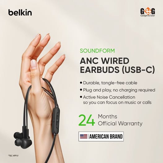 Music, calls, or a bit of peace — Belkin SoundForm ANC Wired Earbuds USB-C makes it simple.