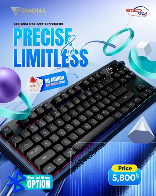 High-Performance RGB | Tri-Mode Wireless | Smart Display — Gamdias HERMES M7 HYBRID RGB Red Switch Mechanical Keyboard With Display