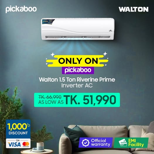 Upgrade your home with the Walton 1.5 Ton Riverine Prime Inverter AC (WSI-RIVERINE-18M) for powerful and silent cooling.