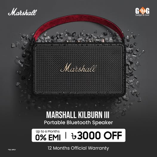 Get Tk. 3,000 Off or enjoy 0% EMI on the Marshall Kilburn III Portable Bluetooth Speaker!