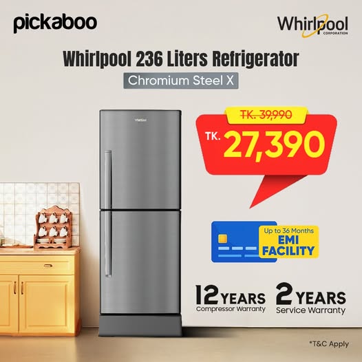 Keep your food fresher for longer with the powerful Whirlpool 236 Liters Fresh Magic Pro Frost Refrigerator–Chromium Steel X