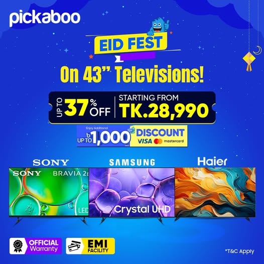 43” TV Sale is Live at Pickaboo with amazing deals on 43-inch televisions from top brands like Samsung, Haier & Sony BRAVIA