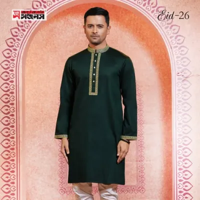 Black Panjabi cotton fabric with embroidary .