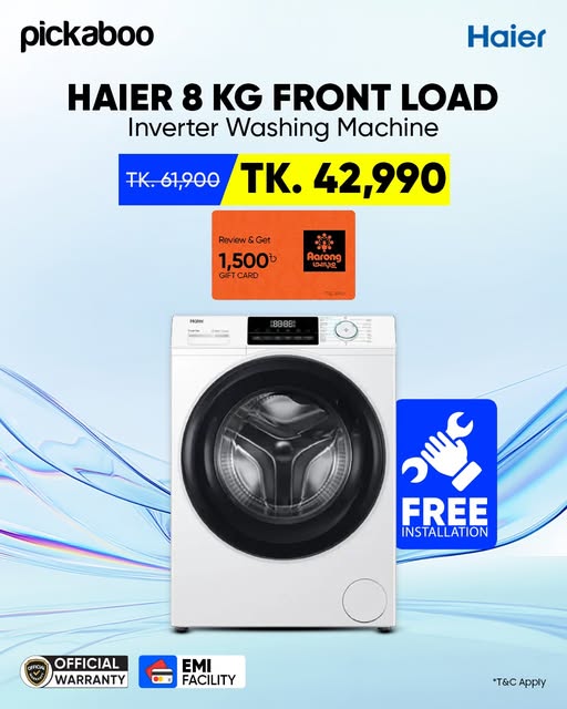 Haier 8 KG Inverter Front Load Washing Machine (HW80-BP12929A)!