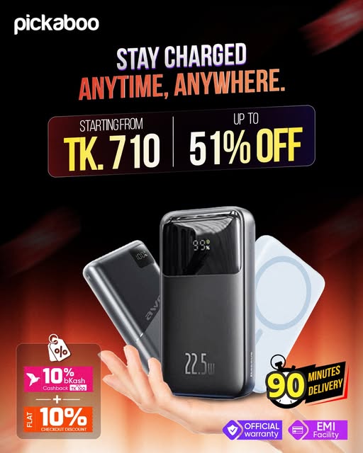 Stay powered up - Shop top-brand power banks—Anker, Baseus, Xiaomi, Oraimo, and more on Pickaboo with official warranty, 90-minute delivery inside Dhaka, and 10% bKash cashback.