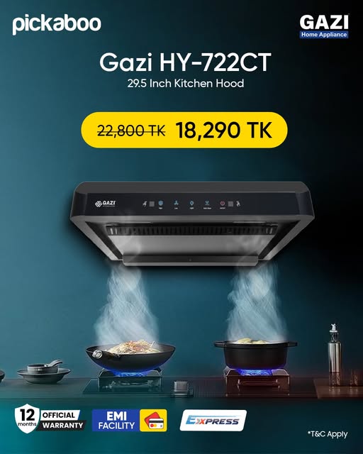 Enjoy express delivery on Gazi HY-722CT Smiss 29.5 Inch Kitchen Hood! Now available at aspecial price of TK.18,290 only!