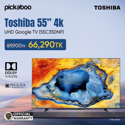 Get a flat 26% off on the Toshiba 55 Inch Bezel-Less 4K UHD Google TV (55C350NP)