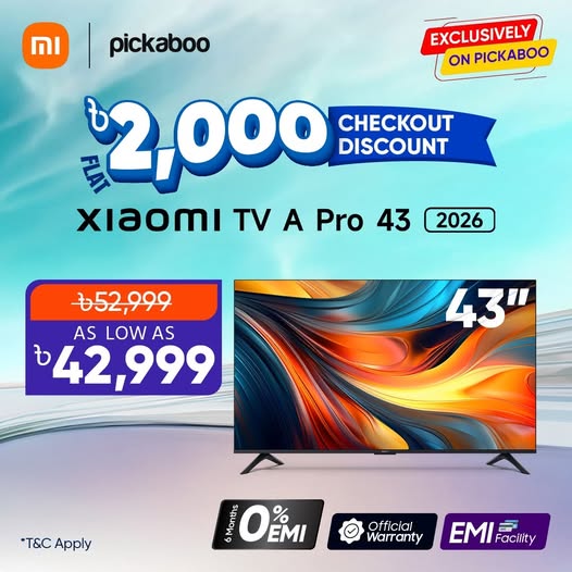 Get Free Installation, BDT 2,000 Checkout Discount or 6 Months 0% EMI on Xiaomi TV A Pro 43" 4K QLED Google TV (2026).
