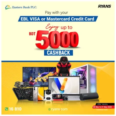 Pay with your Eastern Bank Visa or Mastercard Credit Card and enjoy up to BDT 5000 cashback on purchases.