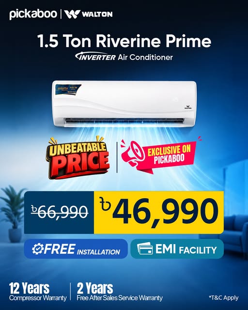 Bring home the Walton 1.5 Ton Riverine Prime Intelligent Inverter AC with powerful cooling, silent operation & energy-saving performance.