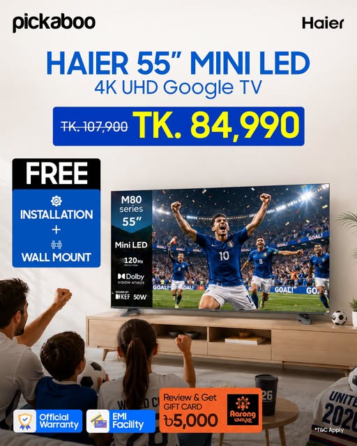 Get free installation facility on the Haier 55 Inch Mini LED 4K UHD Google TV (H55M80FUX)