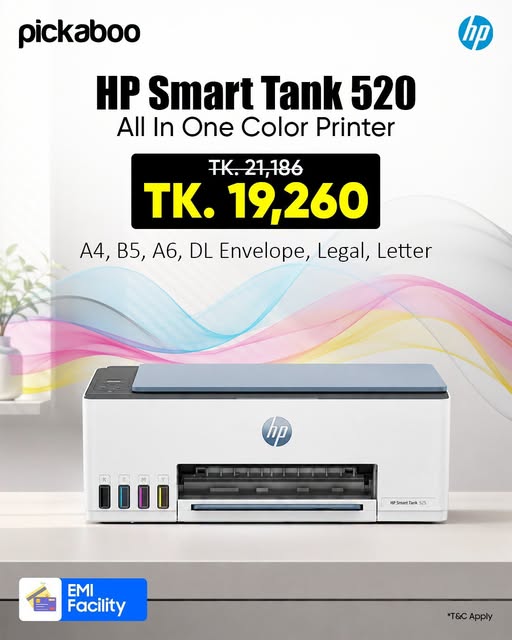 HP Smart Tank 520 (1F3W2A) All In One Color Printer now at a discounted price of TK.19,26 only