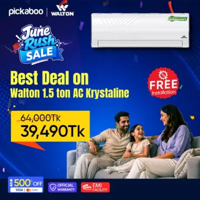 Stay Cool This Summer with June Rush Sale - Beat the heat with the Walton Krystaline 1.5 Ton Non-Inverter Air Conditioner (WSN-KRYSTALINE-18M)!