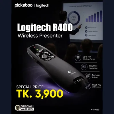 Make every presentation smoother and more professional with the Logitech R400 Wireless Presenter.