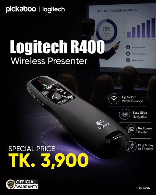 Make every presentation smoother and more professional with the Logitech R400 Wireless Presenter.