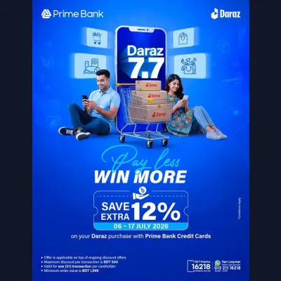 Unlock an Extra 12% Savings on Your Daraz 7.7 Shopping with Prime Bank Credit Cards.