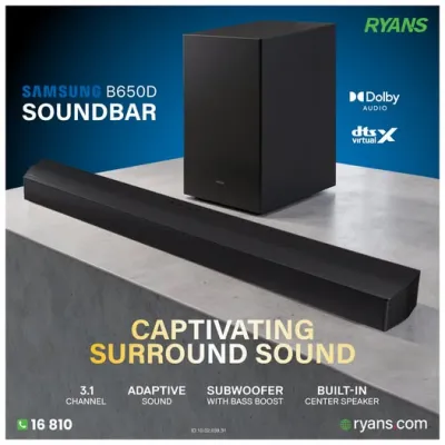 Samsung B-series B650D – 3.1-channel soundbar with wireless subwoofer for immersive home audio.