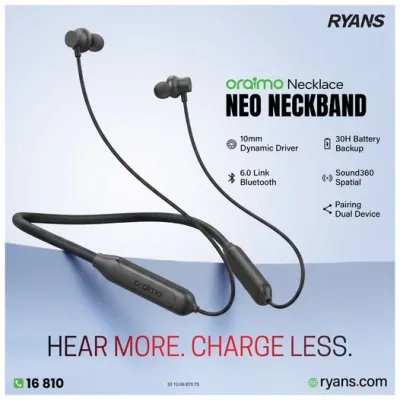 oraimo Necklace Neo – Wireless neckband with rich bass and long-lasting listening.