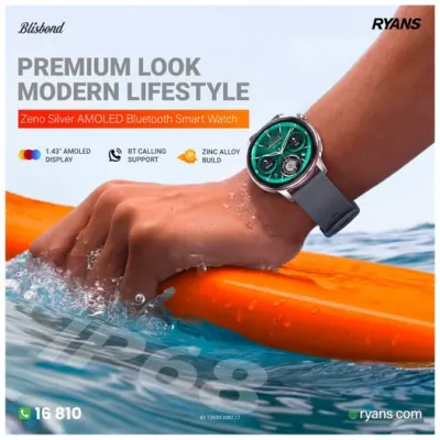 Blisbond Zeno Silver – AMOLED smartwatch with Bluetooth calling for everyday wear.