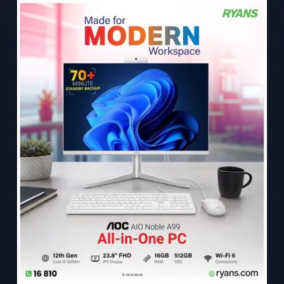 AOC AIO Noble A99 – Sleek 23.8-inch All-in-One PC for work, study, and everyday use.