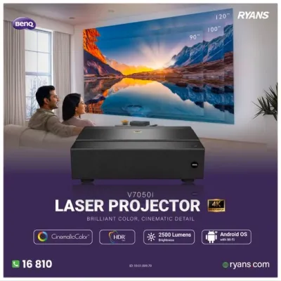 BenQ V7050i – 4K UHD ultra short-throw laser projector for a cinematic home theater setup.