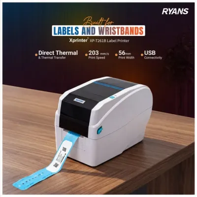 Xprinter XP-T261B – Fast 56mm barcode label and wristband printer for business use.