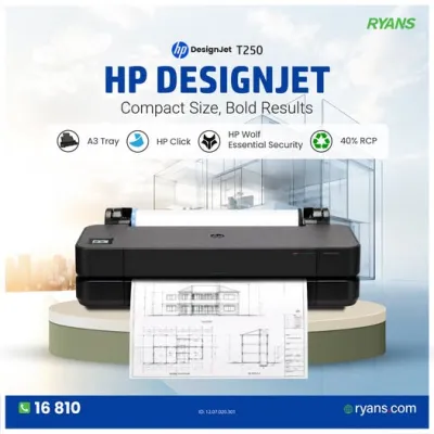 HP DesignJet T250 24-in – Compact size, bold results for professional large-format printing.