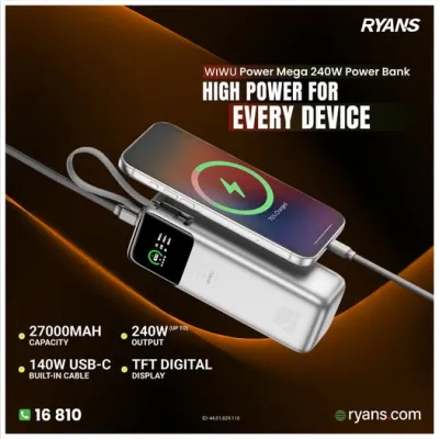 Wiwu Power Mega 27000mAh – High-capacity 240W power bank for laptops, tablets, and phones.