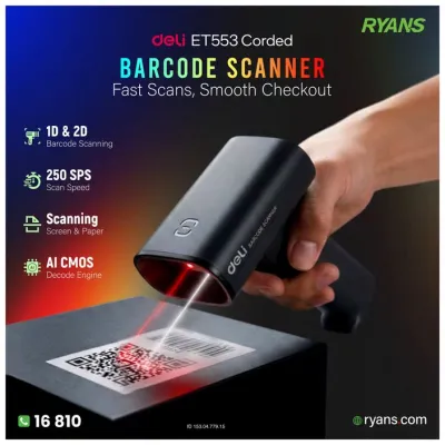 Deli ES228 1D/2D – Corded handheld barcode scanner for retail, logistics, and daily operations.