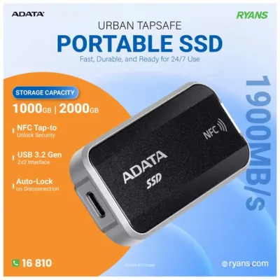 ADATA URBAN TAPSAFE External SSD Series – Fast Speed with NFC Tap-to-Unlock Security.