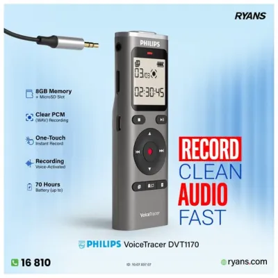 Philips VoiceTracer DVT1170 Digital Voice Recorder – Clear Sound for Notes, Meetings & Interviews.